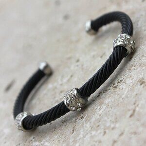 Black Cable Cuff Bracelet with Crystal Accents in Silver